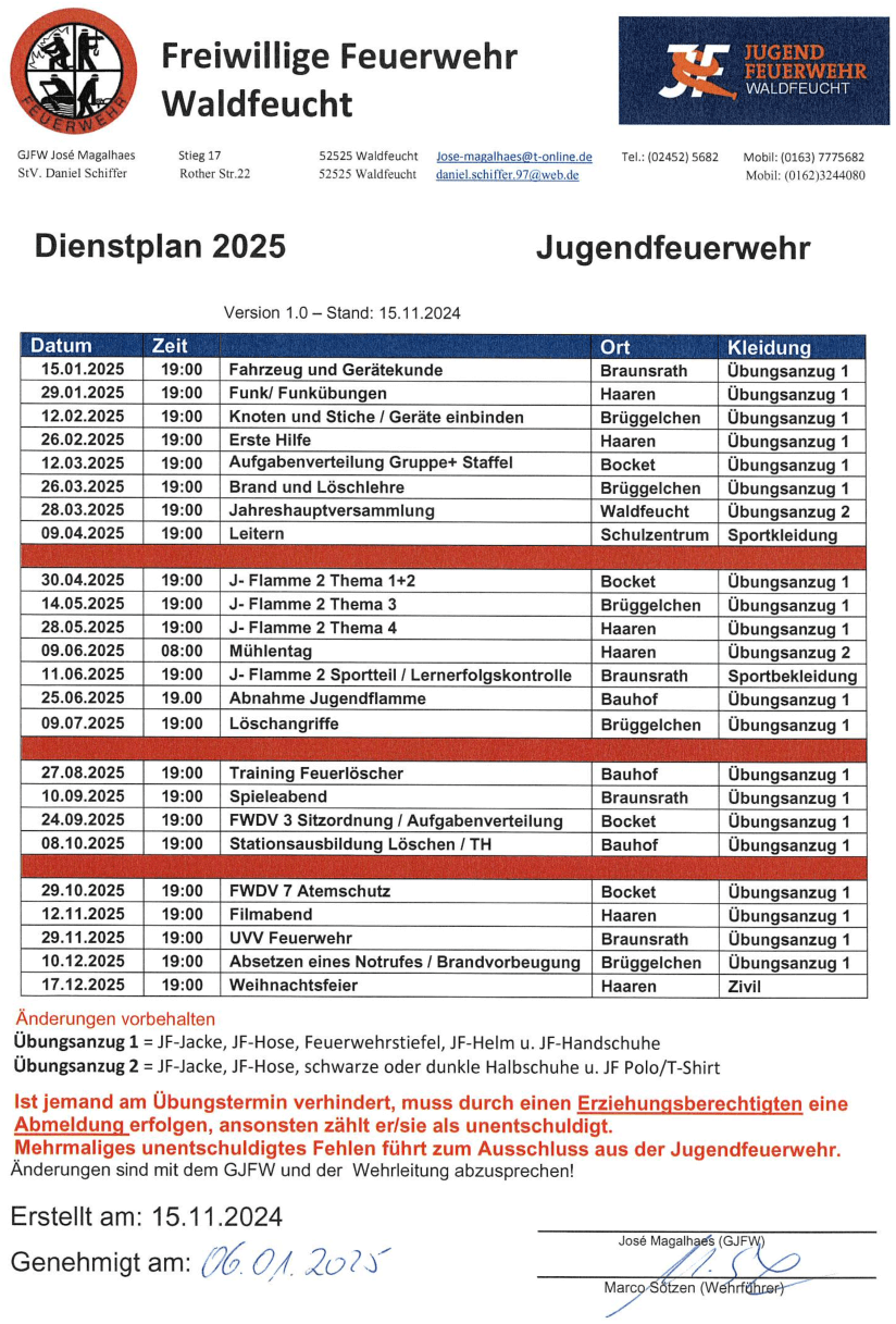 Dienstplan Jugendfeuerwehr Waldfeucht