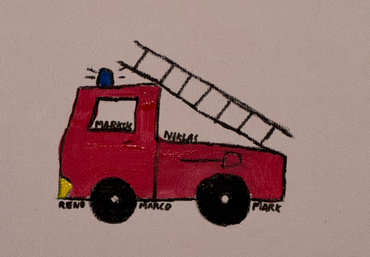 Foto vom “Gästebuch” auf dem die Namen der 5 Feuerwehrleute aus Obspringen an einem aufgemalten Feuerwehrauto geschrieben sind