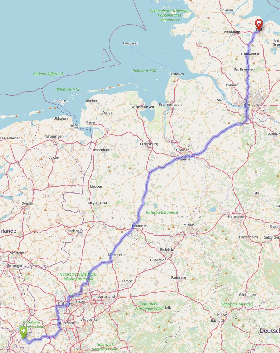 Kartenausschnitt mit der Auto-Strecke von Obspringen nach Kiel
