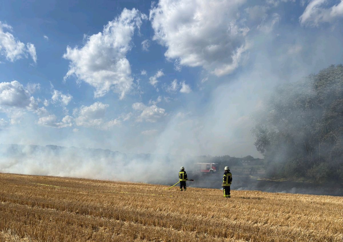 2 Feuerwehrleute auf dem ausgebrannten Feld mit Rauchwand. Im Hintergrund ist ein Feuerwehrfahrzeug.